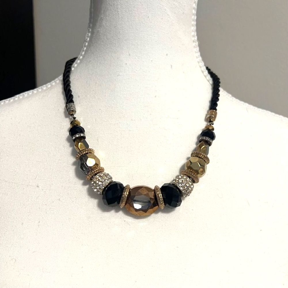 Black Rope Cord Faceted Rhinestone Beads 19 Inch Necklace